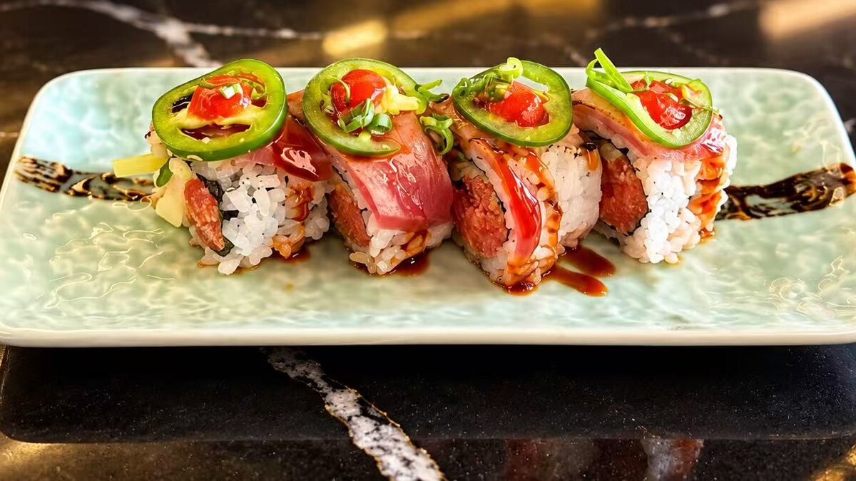 Amazing Tuna Roll — tuna topped with jalapeño and tomato
