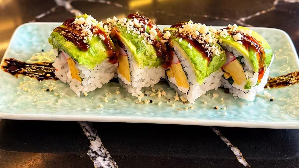 Caterpillar Roll — sliced avocado shingled over the top of the roll