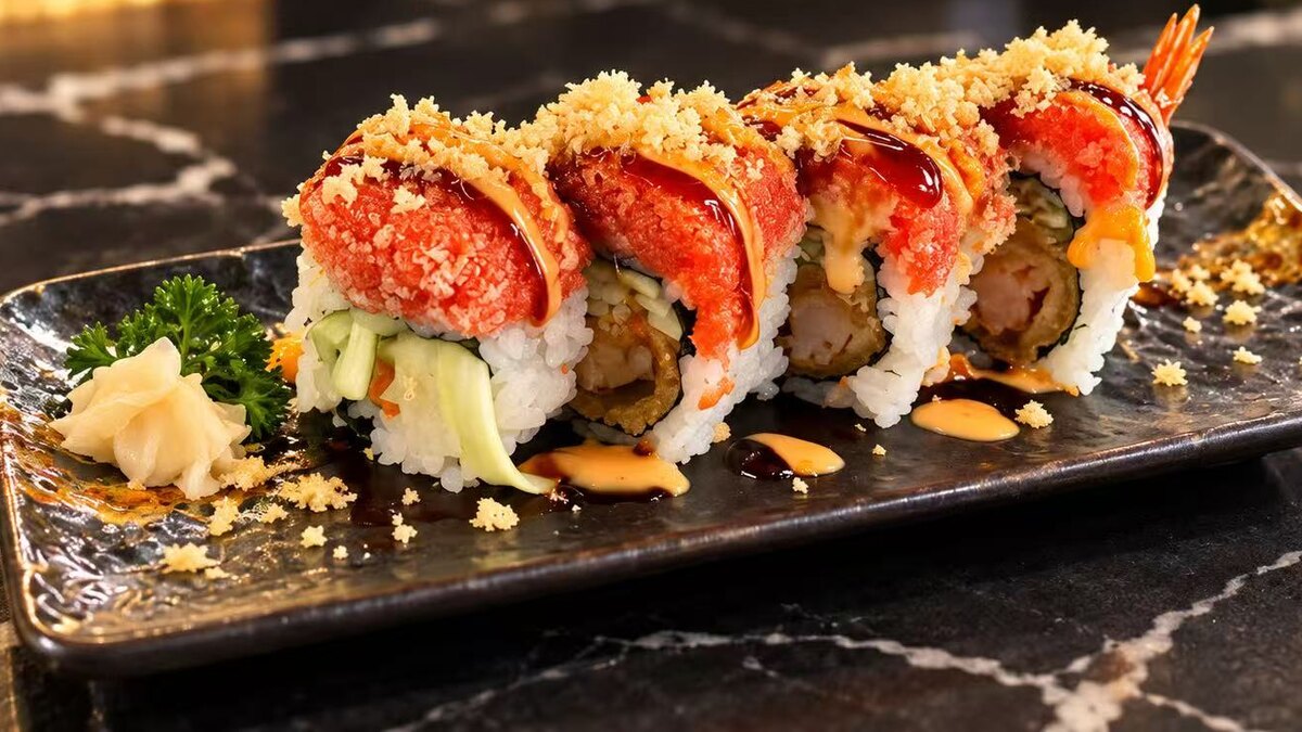 Red Dragon Roll — shrimp tempura roll under spicy tuna and crunch